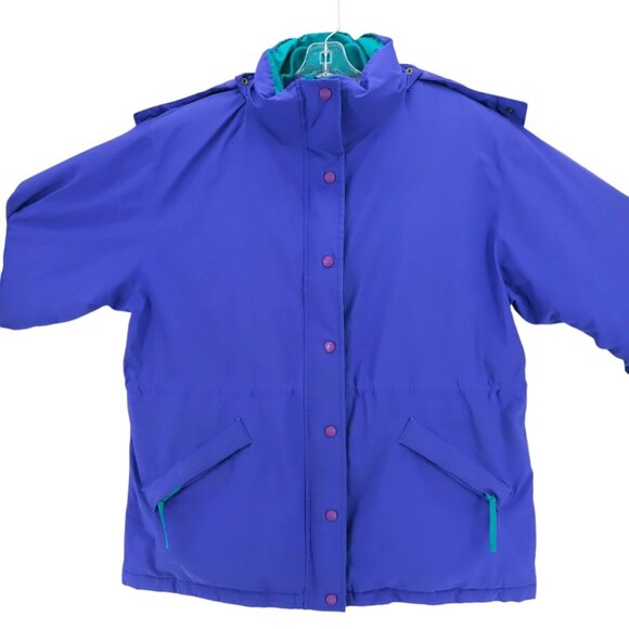 CABELAS Goretex Goose Down Hooded Jacket Purple Green Trim Women's XL - Picture 2 of 11